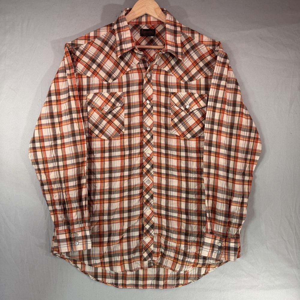 Vintage Orange Plaid Pearl Snap Western Button Up Shirt Mens Large Thin Pockets